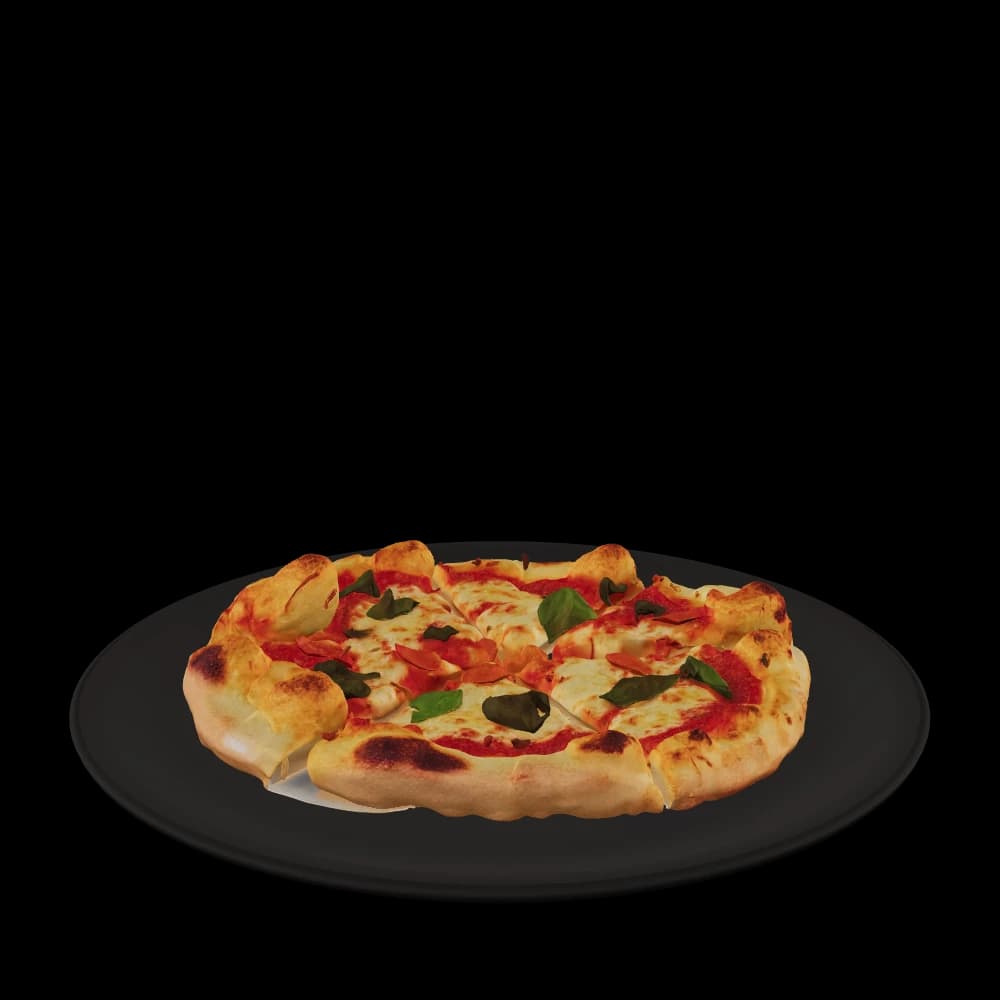 Interactive 3D model of a Margherita pizza with fresh mozzarella and basil โ drag to rotate